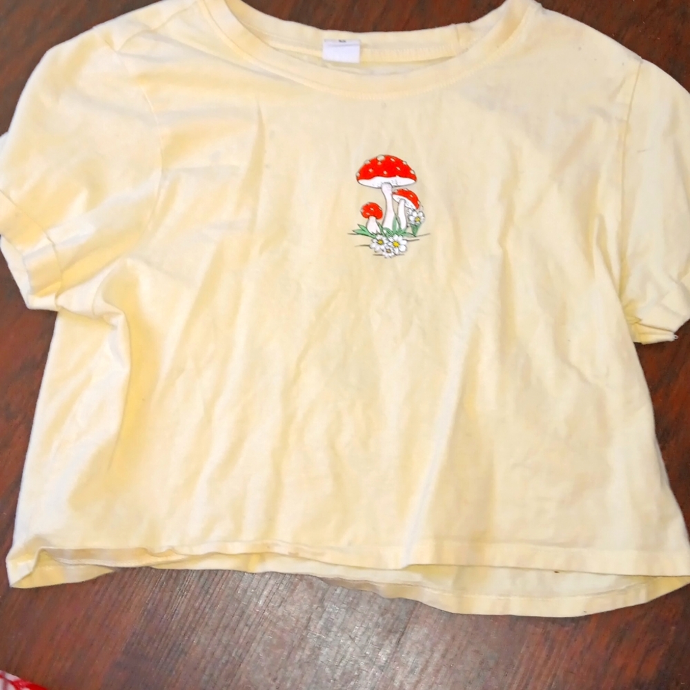 "Love is all you need" yellow mushroom crop top